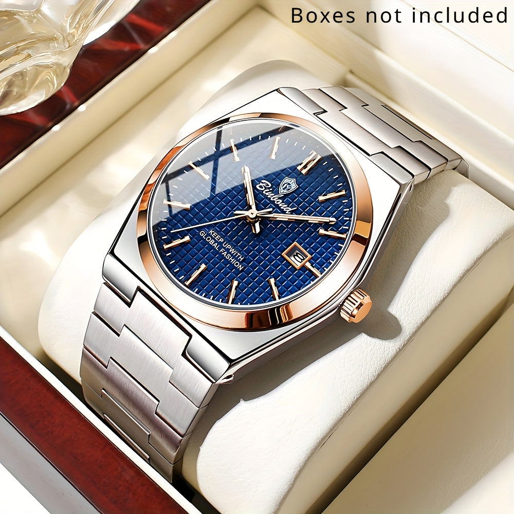 Binbond Luxury Men's Quartz Watch - Stylish Blue Dial, Rose Golden Accents, Waterproof Stainless Steel Band, Calendar Feature, Fashionable Business Design, Formal Accessory | Modern Quartz Watch | Rose Golden Details