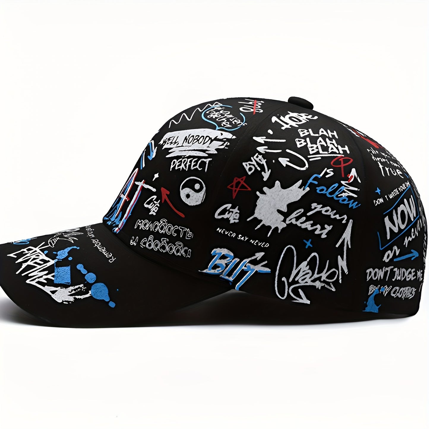 Stylish baseball cap with cool graffiti letter print, hard top, trendy hip-hop design, versatile sun protection hat for both European and American styles, available in 4 colors