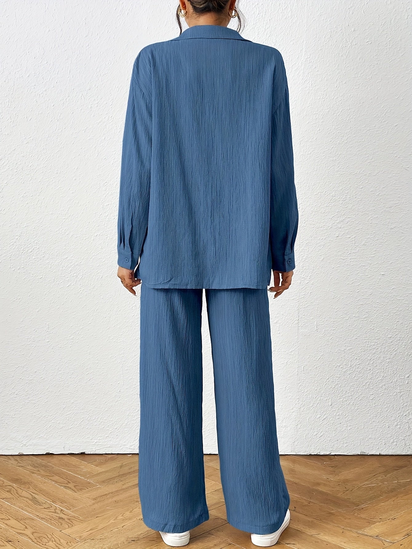 2pcs Women Spring & Autumn Casual Solid Color Long Sleeve Shirt And Pants Set