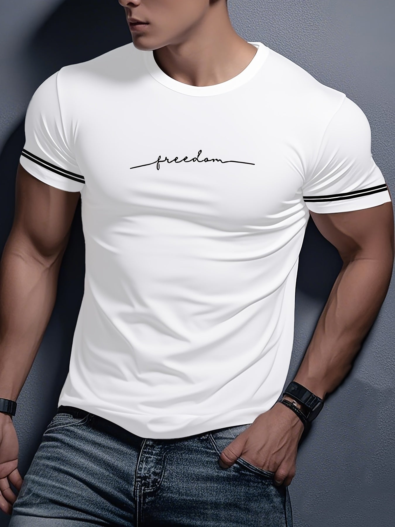 Men'S "Freedom" Graphic T-Shirt - Black Casual Crew Neck Tee with White Stripes, Breathable Polyester Blend, Regular Fit for Casual Attire, Everyday Tshirt | Bold Print Tee | Comfortable Fit, Knit