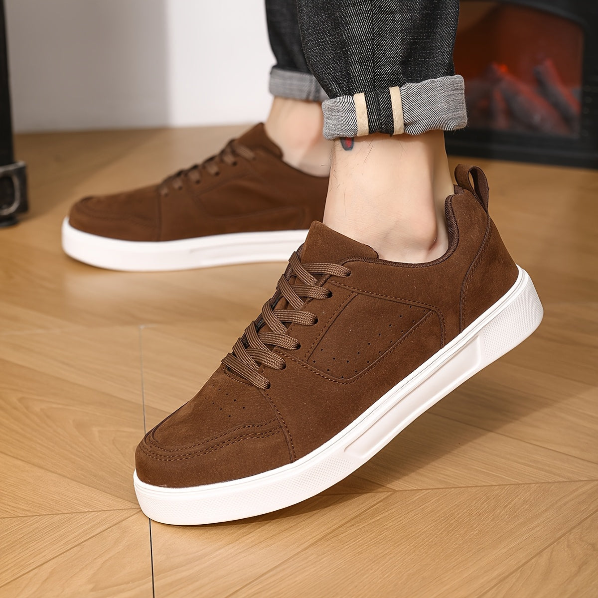Men's Lightweight Breathable Casual Sneakers - Shock-Absorbing MD Sole, All-Season Outdoor Hiking & Skate Shoes, Brown Synthetic Low-Top Lace-Up for Camping, Daily Wear (Extended Sizes Available), Simple Street Style | Fabric
