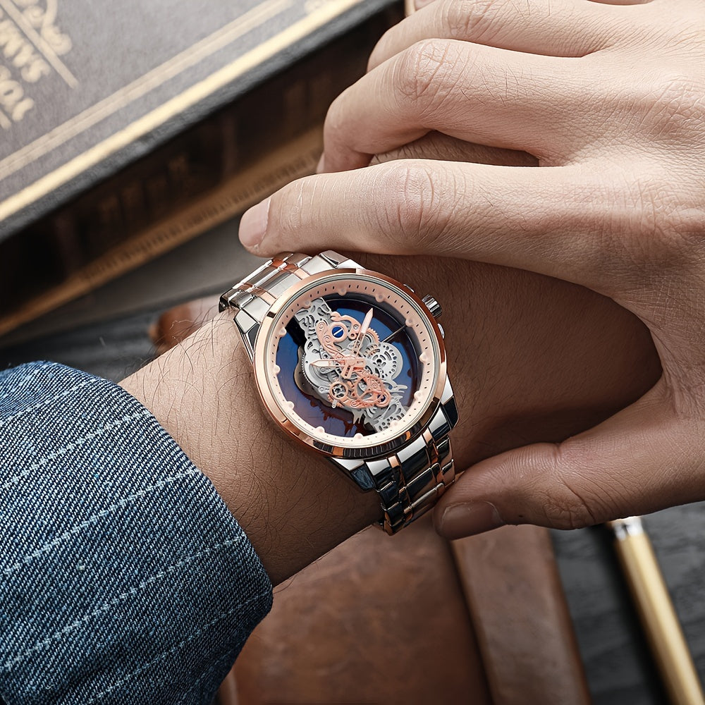 TPW Men's Rose Golden Skeleton Luminous Quartz Watch - Glamorous Luxury Wristwatch with Exposed Movement, Comfortable Metal Band, Father's Day Gift for Him, Luxury Men's Watch | Romantic Watch Design | Rose Golden Finish