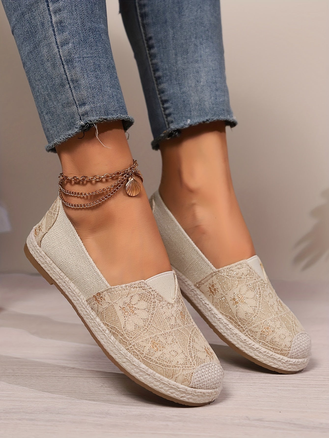 Women's Breathable Slip-On Loafers - Soft Sole Casual Walking Shoes, Lightweight & Comfortable, Beige Floral Pattern Fabric Upper, PU Cover Sole, Perfect for Casual Attire, Allseason Loafers | Slipon Comfort | Soft Sole Shoes