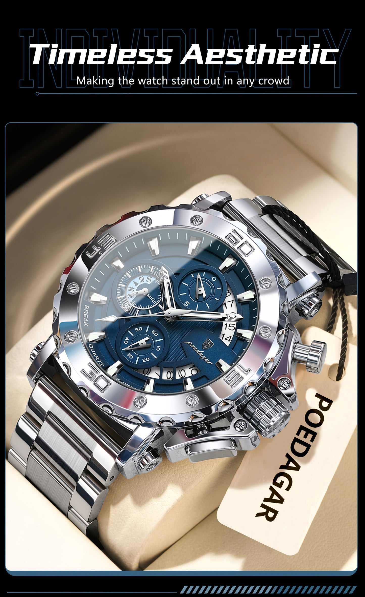 POEDAGAR Men'S Luxury Stainless Steel Business Watch with Date Display, 3ATM Blue Dial, Rotating Bezel, Alloy Case, Quartz Movement - Elegant Formal Accessory, Formal Accessory|Luxurious Watch|Quartz Movement Watch
