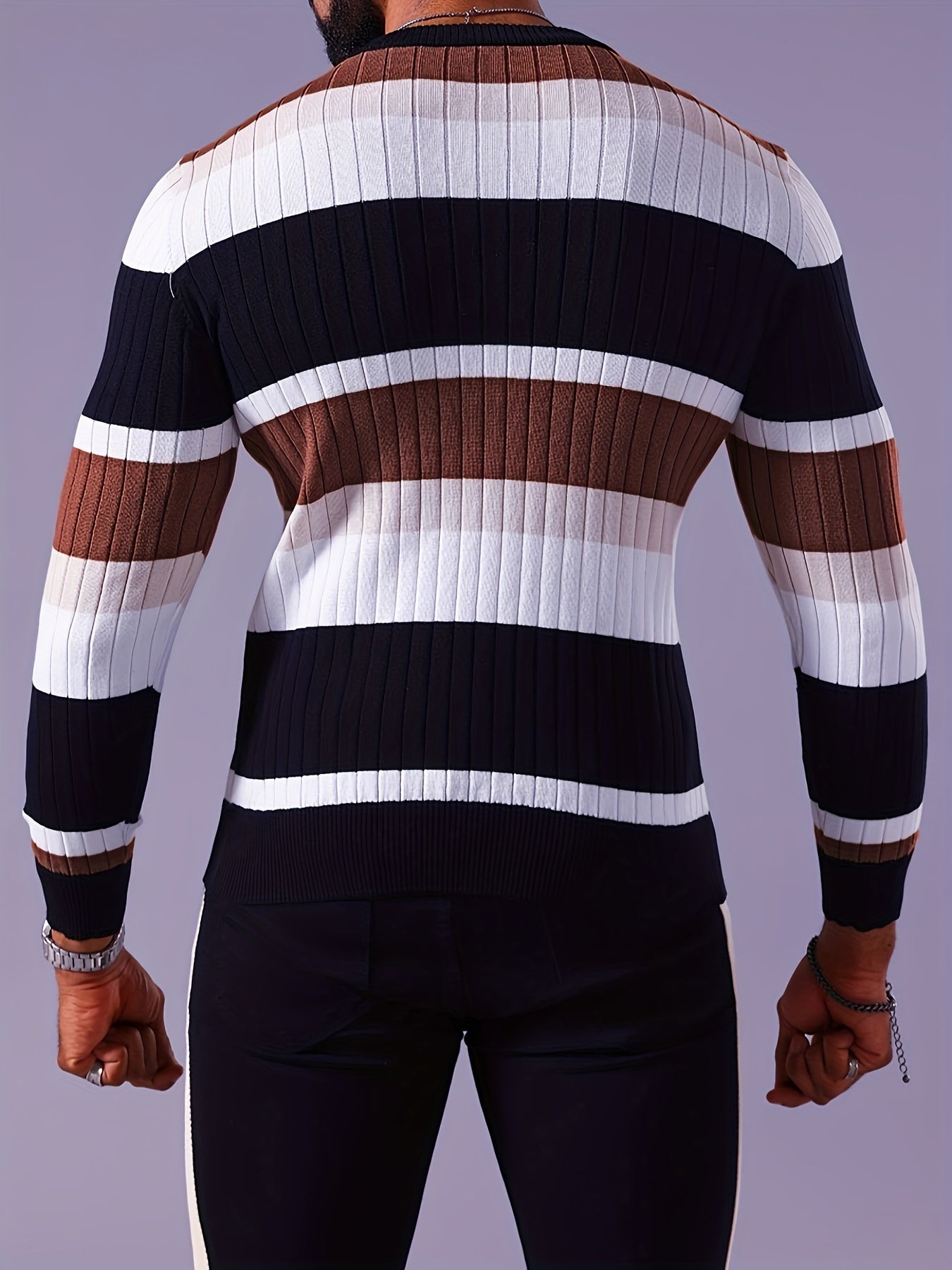 Men's Striped Color-Block Ribbed Knit Sweater - Long Sleeve Round Neck Pullover with Elastic Comfort Fit, Machine Washable Casual Fall Winter Top in Black/White/Green/Beige, Knit Sweater, Medium Elasticity