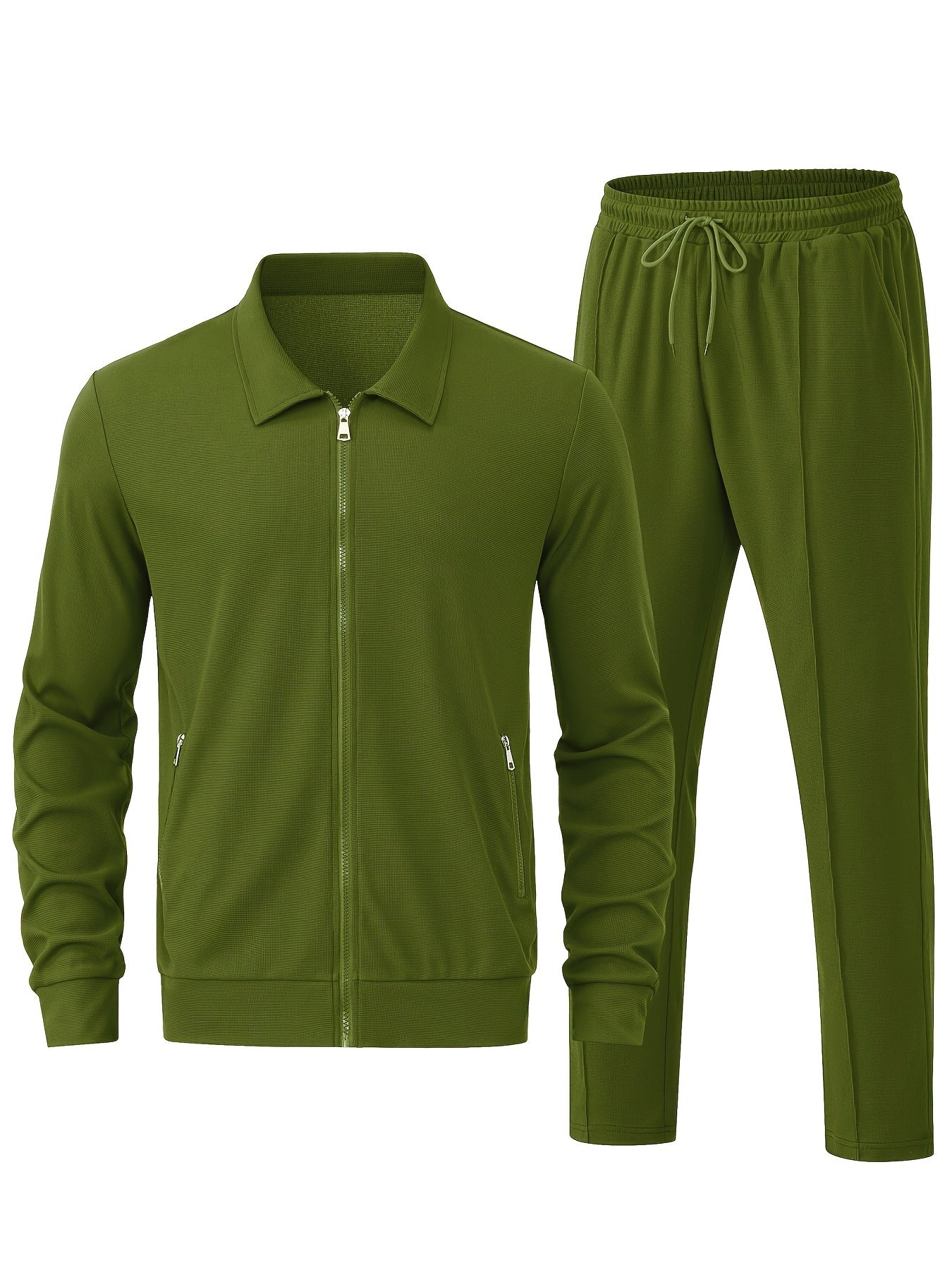 Men's Solid Waffle 2pcs Athletic Outfits, Zip-up Jacket & Pants co ord set for Outdoor Sports