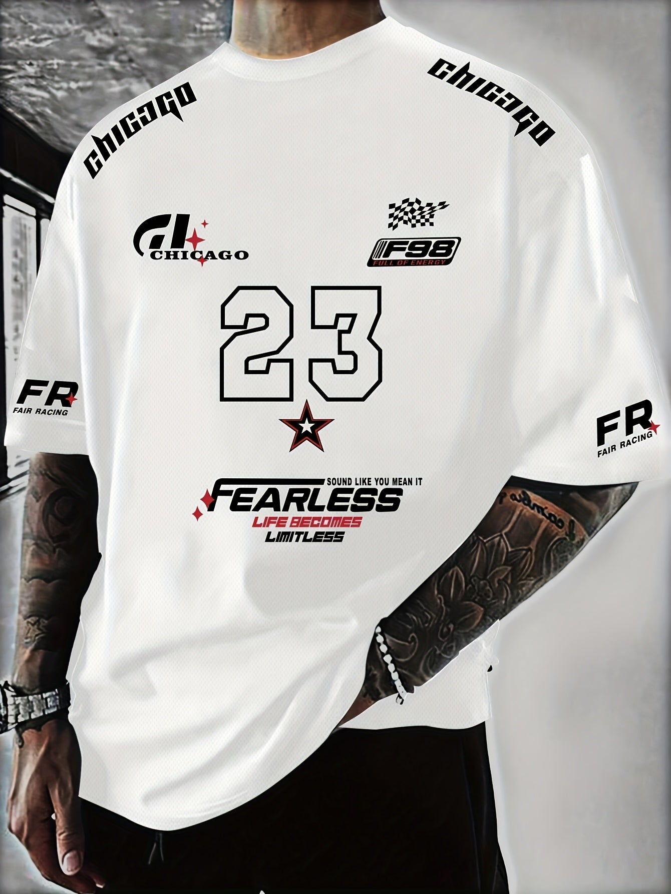 A Men'S Racing Icon #23 3D Print Short-Sleeve T-Shirt - Casual Streetwear, Breathable Sportswear, Round Neck, Summer Fashion Top, Unique Letter Print Design, Made of 100% Polyester, Slightly Stretchy Knitted Fabric, Suitable