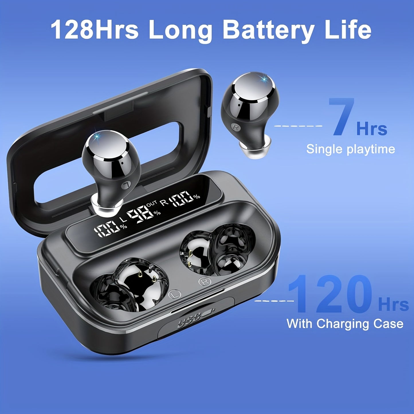 Wireless Earphones 5.3 True Wireless Earbuds with 120H Playback, LED Power Display, Wireless Charging Case, Microphone for TV, Smartphone, Laptop, Sports