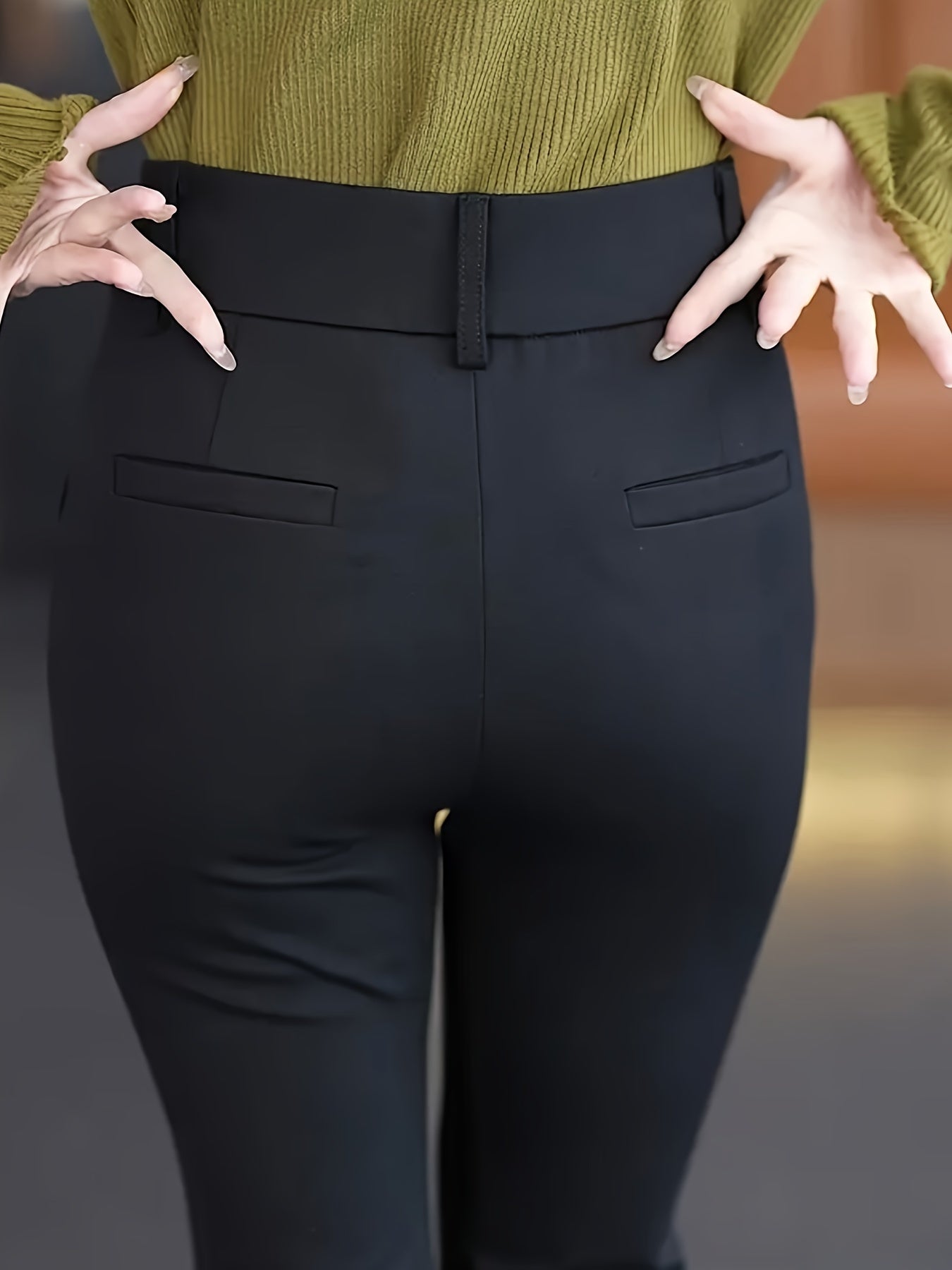 Women'S High-Waisted Straight-Leg Trousers, Casual Style, Solid Color, Polyamide 50% Viscose 50% Elastane 8%, Woven Fabric, 300g/m², Button Detail, Suit Pants for Work and Leisure - Black