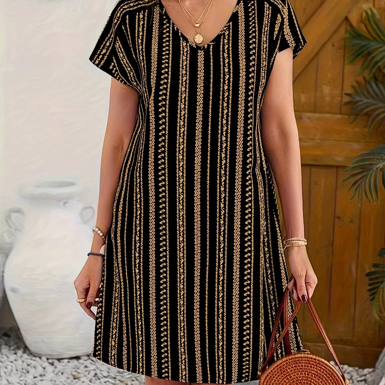 Ethnic Print V-neck Dress, Vacation Style Short Sleeve Slim Fit Dress For Spring & Summer, Women's Clothing
