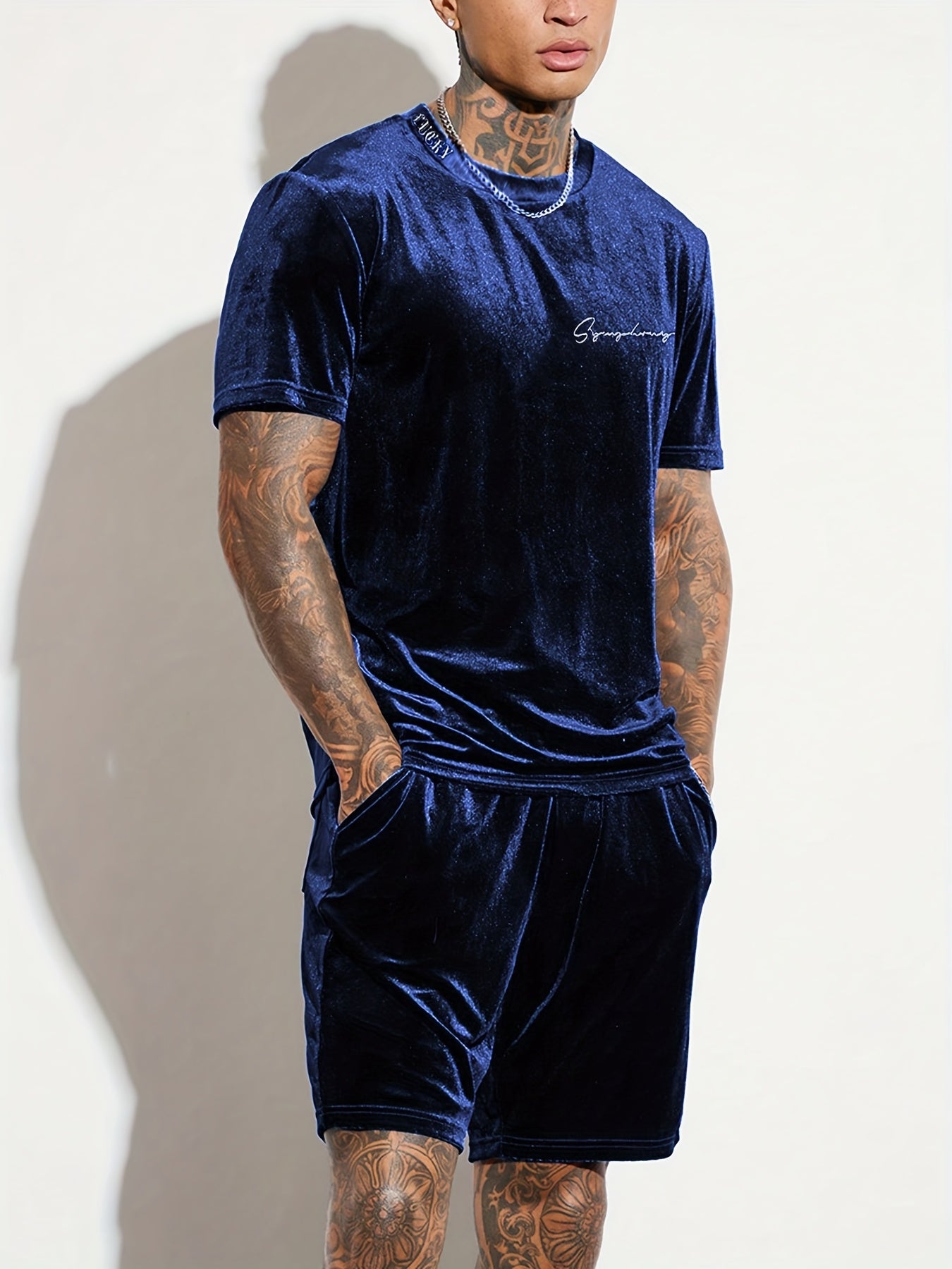 Men'S Fashion Velvet Knit Pullover Set, Contrast Letter Embroidery Top and Solid Color Drawstring Shorts, Simple Casual Outing Commuting Vacation Light Luxury Set, Regular Fit Elastic Knit Two-Piece Set, High-end Sheen Light