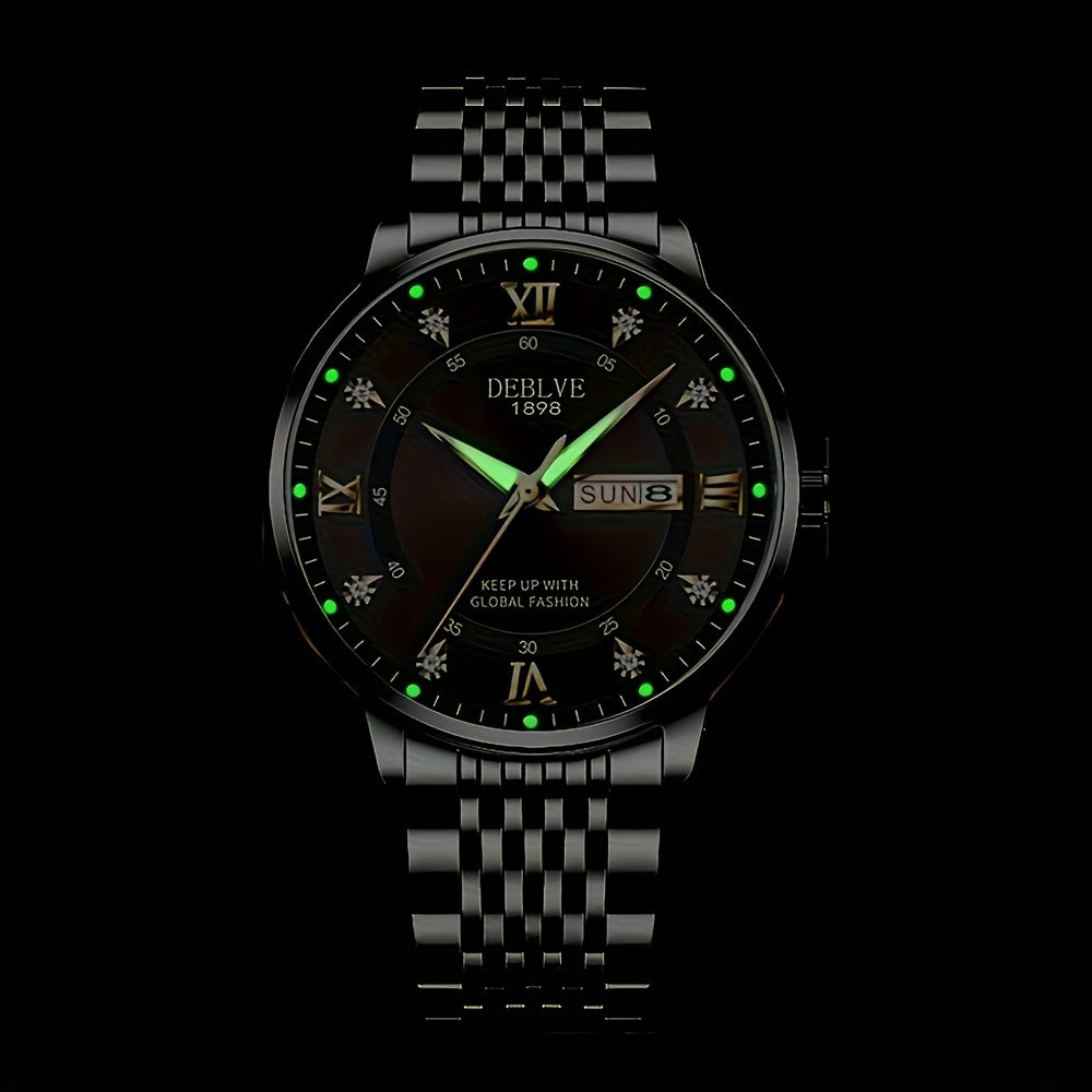 1pc Men'S Business Style Roman Dial Quartz Watch with Luminous Date and Day Display, Stainless Steel Alloy Strap, IPX7 Waterproof, Battery Operated, Elegant Fashion Accessory + Box