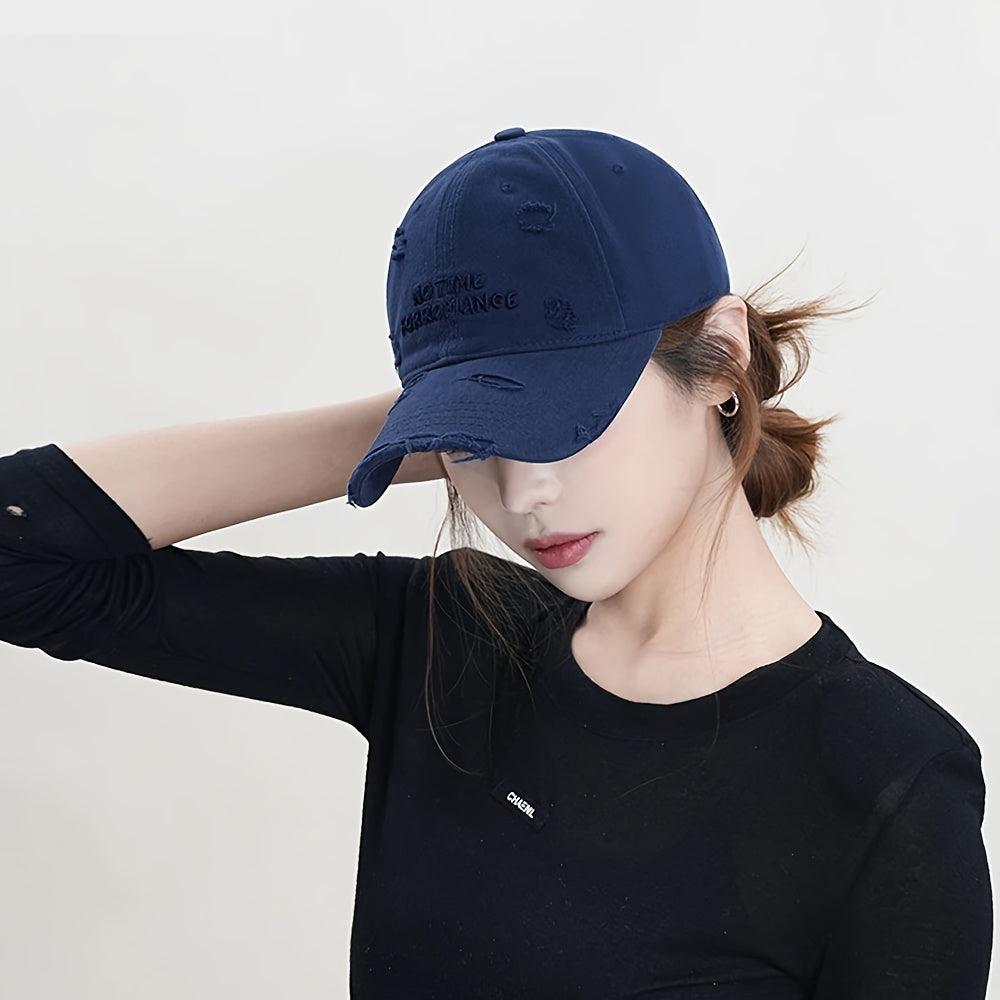 Women's Distressed Embroidered Baseball Cap - Adjustable Lightweight Sun Hat with Wide Brim for Outdoor Travel, Casual Outings & Daily Use, Machine Washable, Outdoor Headwear, Trendy Baseball Cap, Rustic Appeal, Summer Access