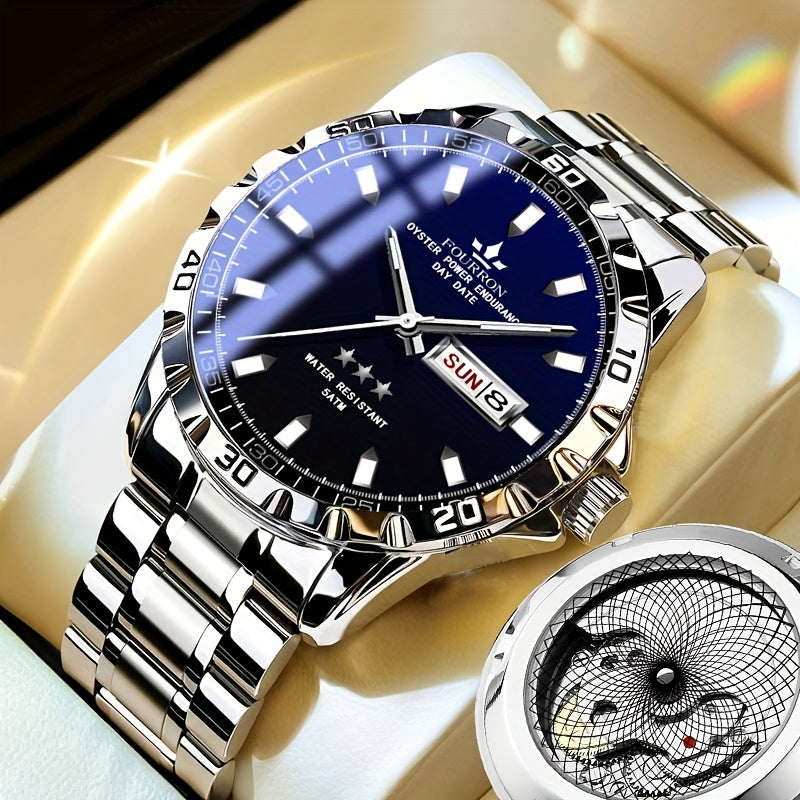 FOURRON Stainless Steel Quartz Watch with Black Dial, Date Display, Waterproof, Lightweight, Casual Style, Everyday Watch | Minimalist Watch | Stainless Steel Band