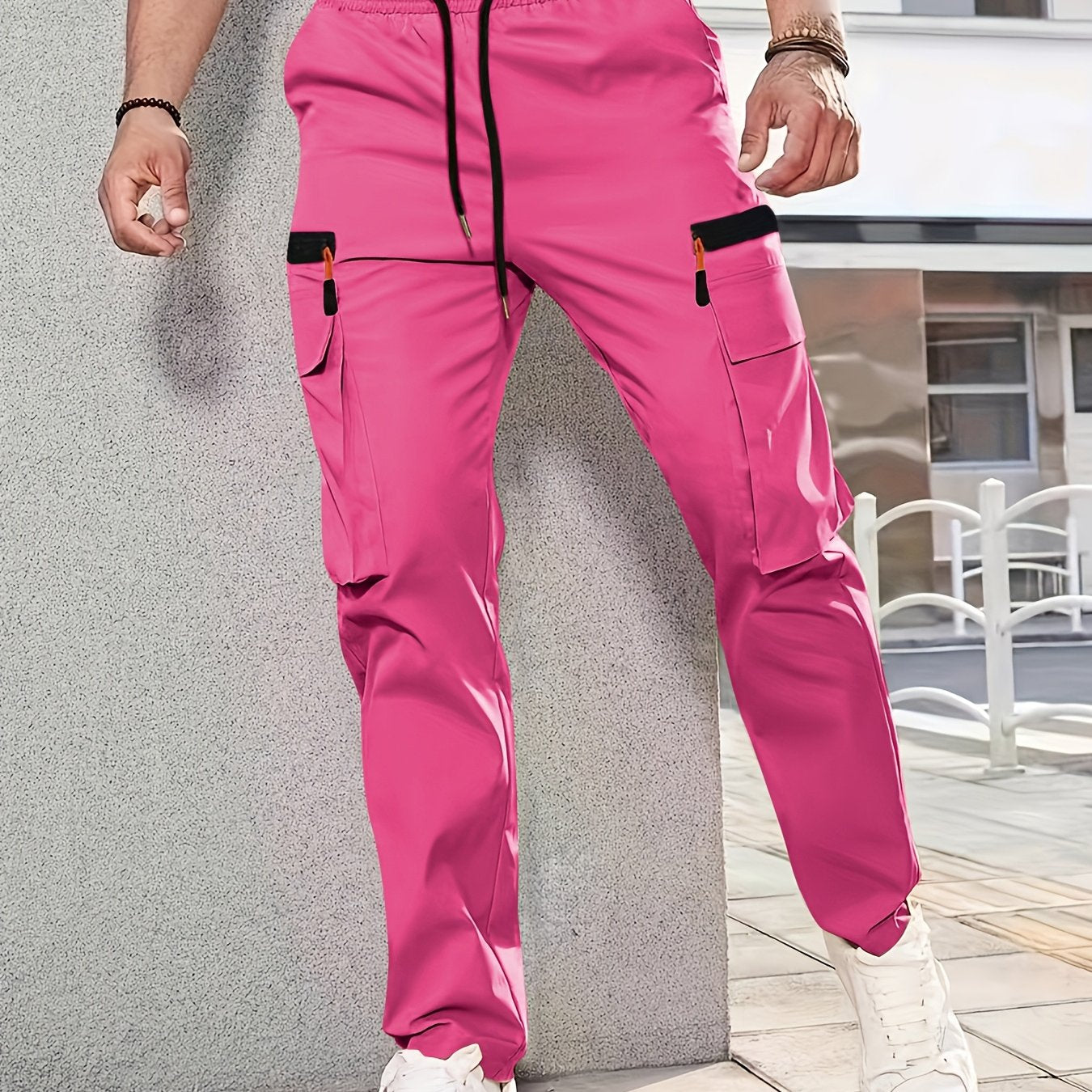 1pc Men'S Fashion Casual Cargo Pants, Solid Color Polyester Non-Stretch Fabric, All-Season Regular Fit with Multiple Pockets, Woven Straight-Leg Trousers for Sports and Leisure