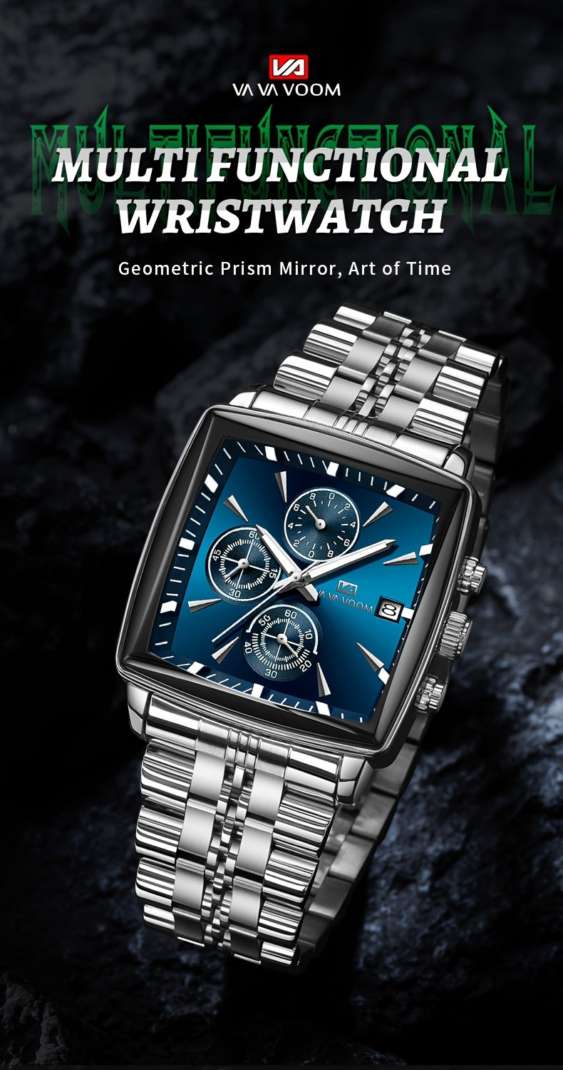 VA VA VOOM Brand New Arrival 1pc Fashionable Golden & Blue & Silveryy & Black Stainless Steel Strap, Oversized Square Dial, Multifunctional Six Needle Three Eyes, with Calendar Window, Luminous Function, High-Quality Fashiona