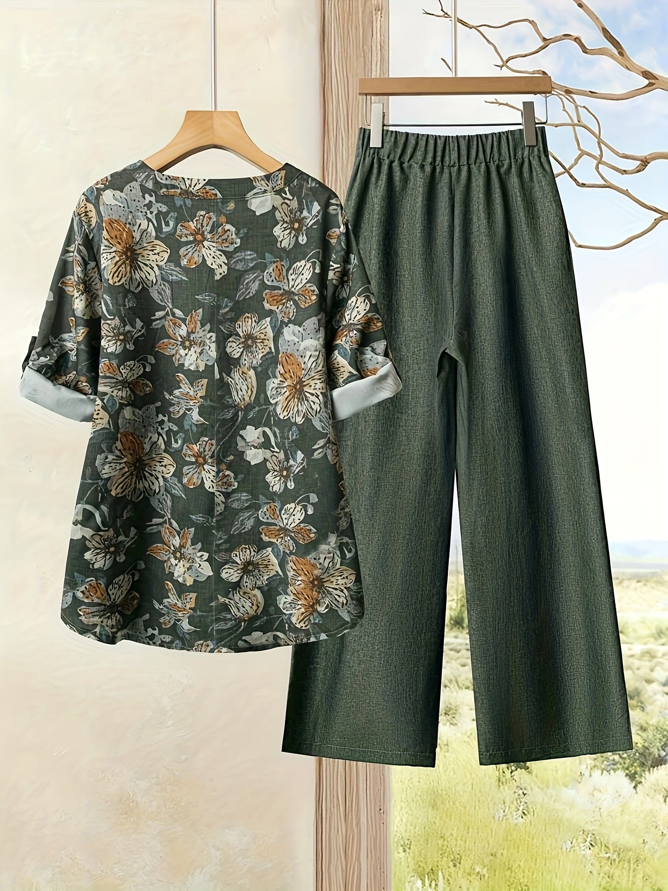 Elegant Floral Print Blouse & High-Waisted Pants Set - Chic Green & White Floral Top with Ruffled Sleeves, Button-Front Design, and Wide-Leg Pants for Spring/Summer, Spring Summer Outfit | Floral Print Blouse | Buttonfront Bl