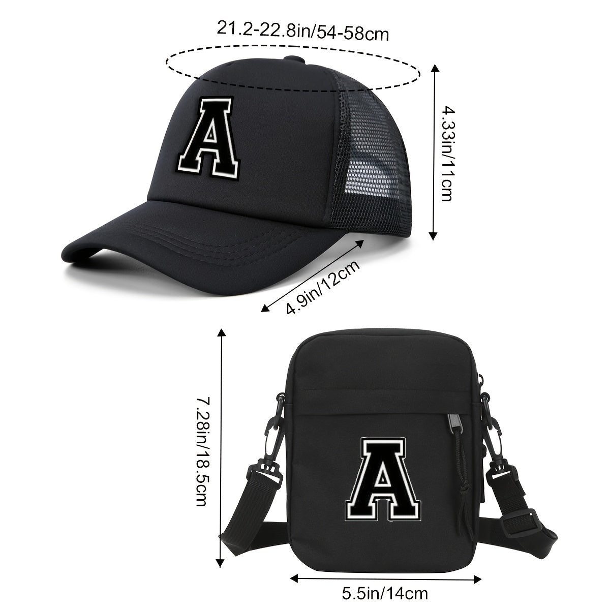 2pcs Men'S And Women'S 26-Letter Printed Trucker Hat & Bag Set, Mesh Breathable Versatile Casual Sun Hat, Suitable for Holiday Vacation, Mountain Climbing, Camping, Outdoor Street And Other Scenes, Suitable As a Birthday, Hol