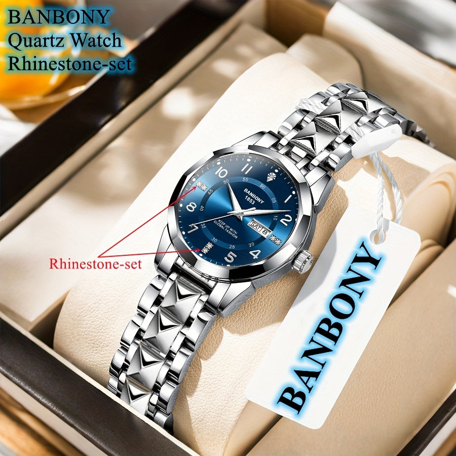 Banbony Women'S Quartz Watch - Luxury IPX7 Waterproof Stainless Steel Strap, Luminous Display, Rhinestone Accents, Date & Night Light, Minimalist Black Dial, Perfect Gift for Women, Casual Timepiece, Elegant Timepiece, Highqu
