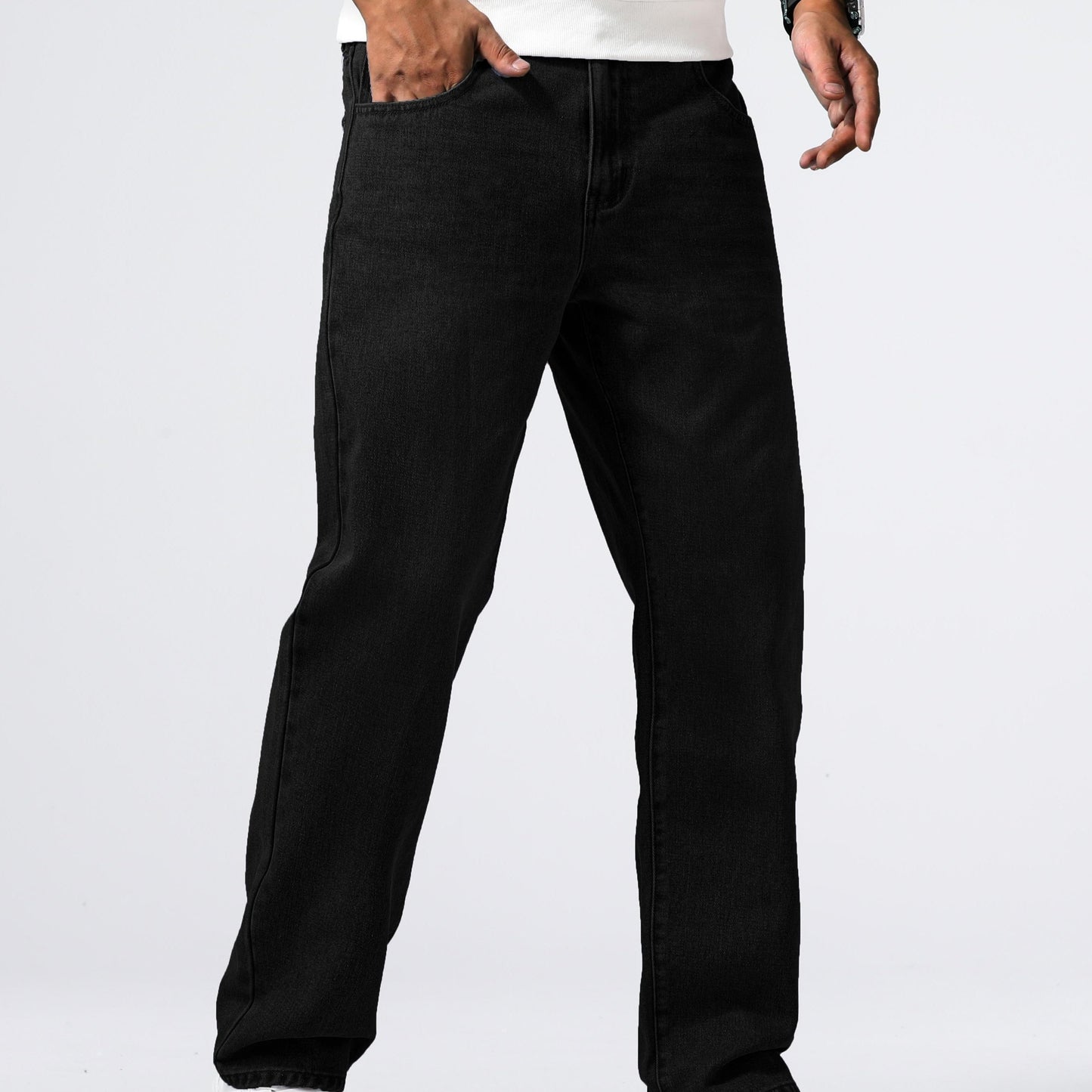 Men'S Loose Fit Straight Leg Jeans, Cotton 85% Polyester 15% Denim, Washed Solid Color Casual Style