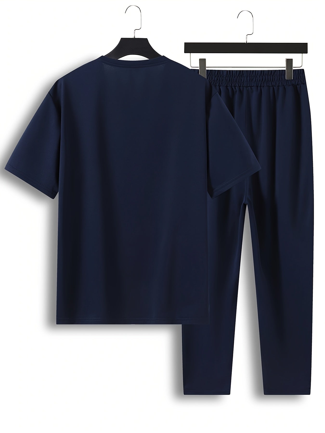 Men'S 2pcs Summer Never Give Up Casual T-Shirt & Jogger Set - Navy Blue with Inspirational Quote, Drawstring Waist, and Pockets - Perfect for Casual Outings and Sports, Jogging Pants