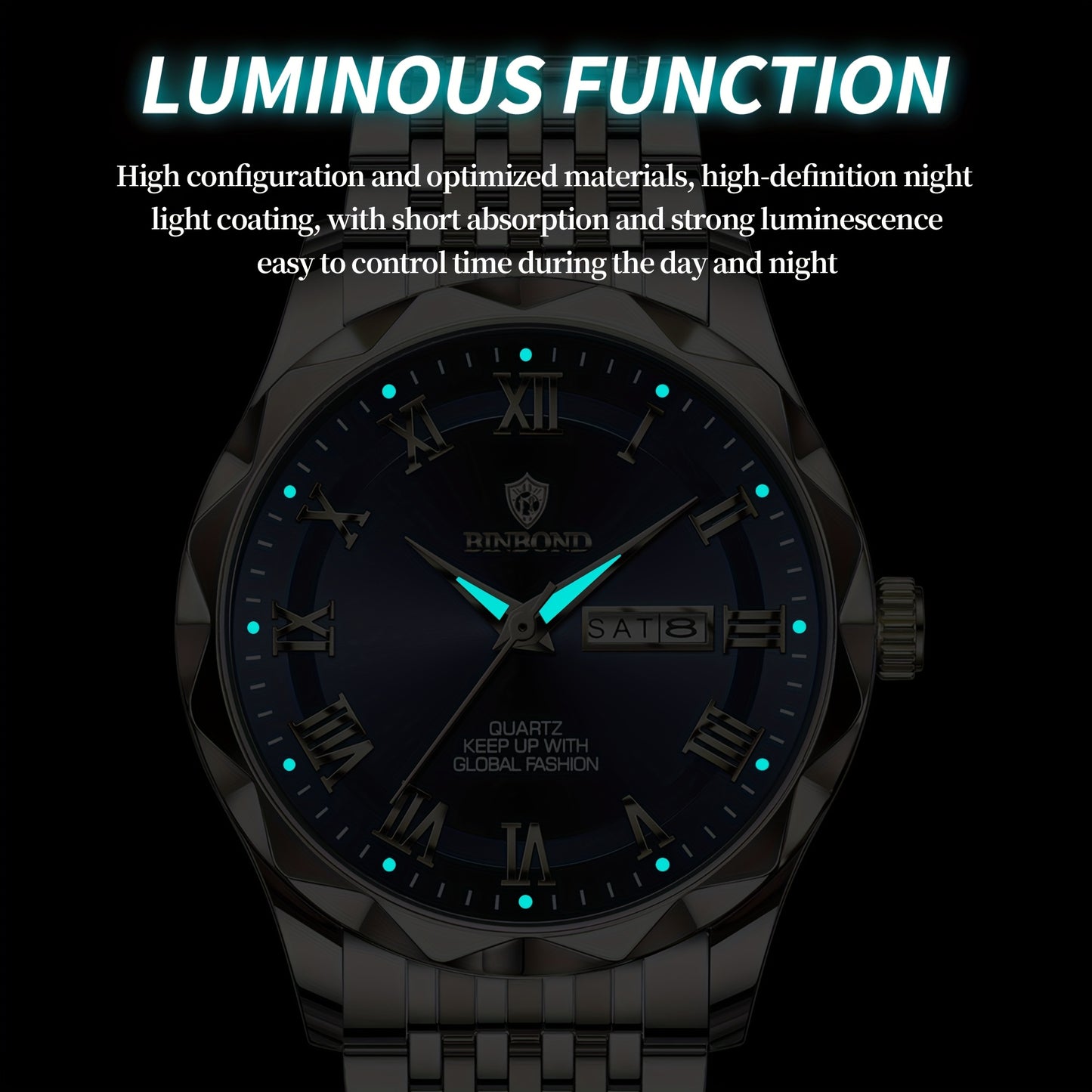 BINBOND Men'S Quartz Watch - Waterproof, Stainless Steel, Luxury Business Style with Stopwatch & Date Display, Blue & Silvery Dial, Electronic Movement, IP67 Rating, Elegant Male Wristwatch for Professional or Casual Wea