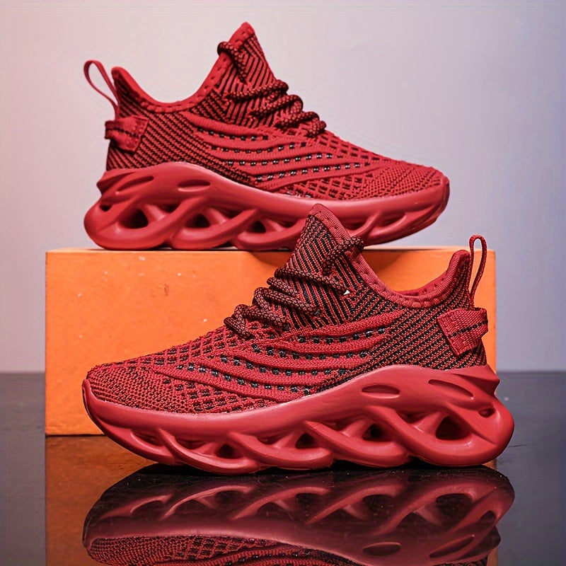 Youngsters' Lightweight Breathable Sneakers - Geometric Pattern Low-Top Sneakers for &, All-Season Comfort with EVA Sole, Red/Black Unisex Casual Shoes for Running, Sports & Daily Wear, Sleek Sporty Design, Fabric Upper, Tren