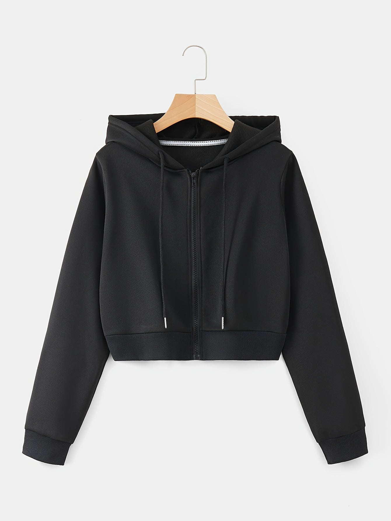 Zip Up Cropped Drawstring Hoodie, Casual Long Sleeve Sweatshirt For Spring & Fall, Women's Clothing
