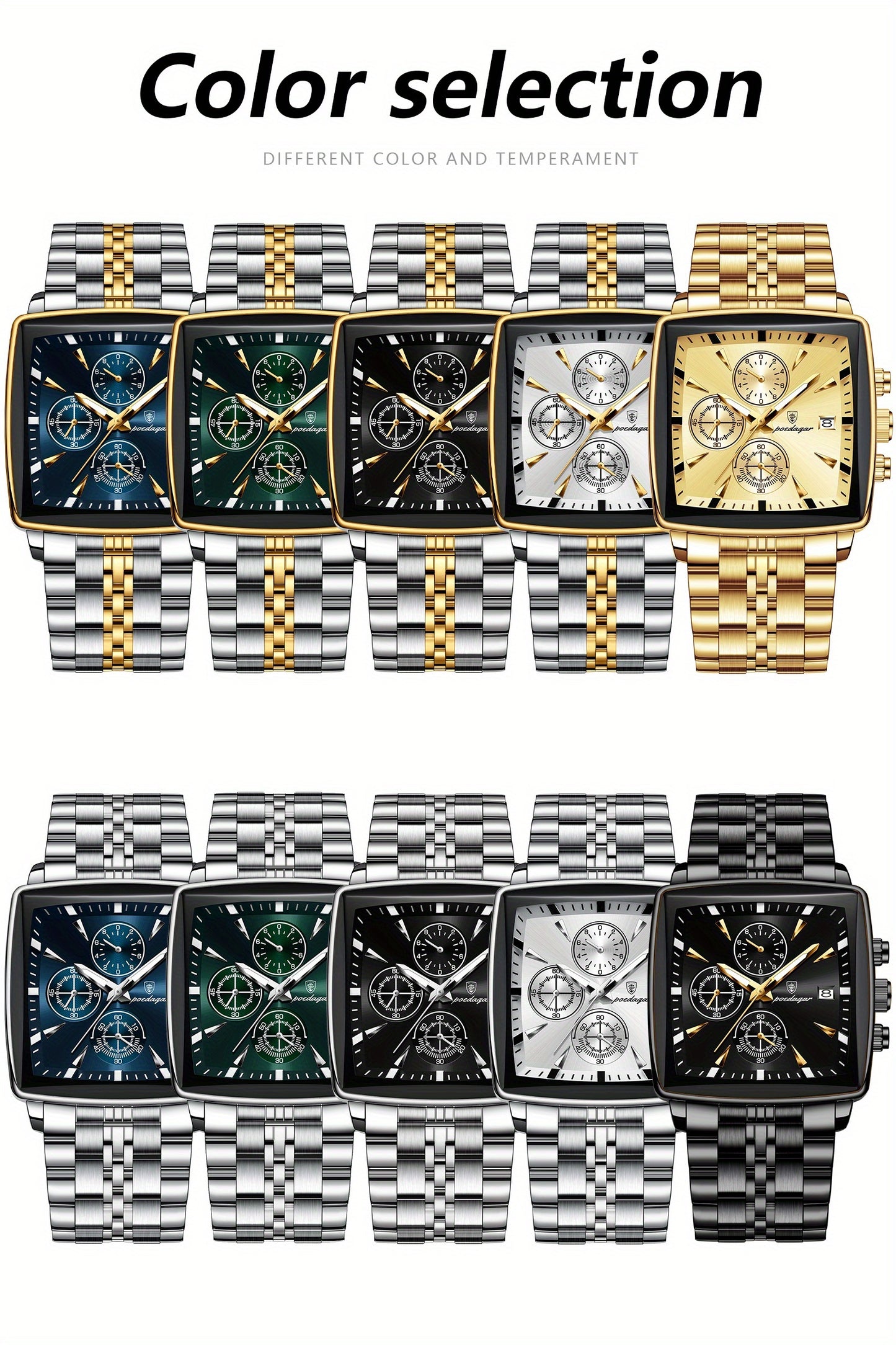 POEDAGAR Men's Stainless Steel Luminous Watch - Blue Dial Chronograph, High Quality Quartz Movement with Date Calendar, Golden-Tone Accents for Business Casual & Casual Attire, Formal Accessory, Stylish Accessory, Refined Cra