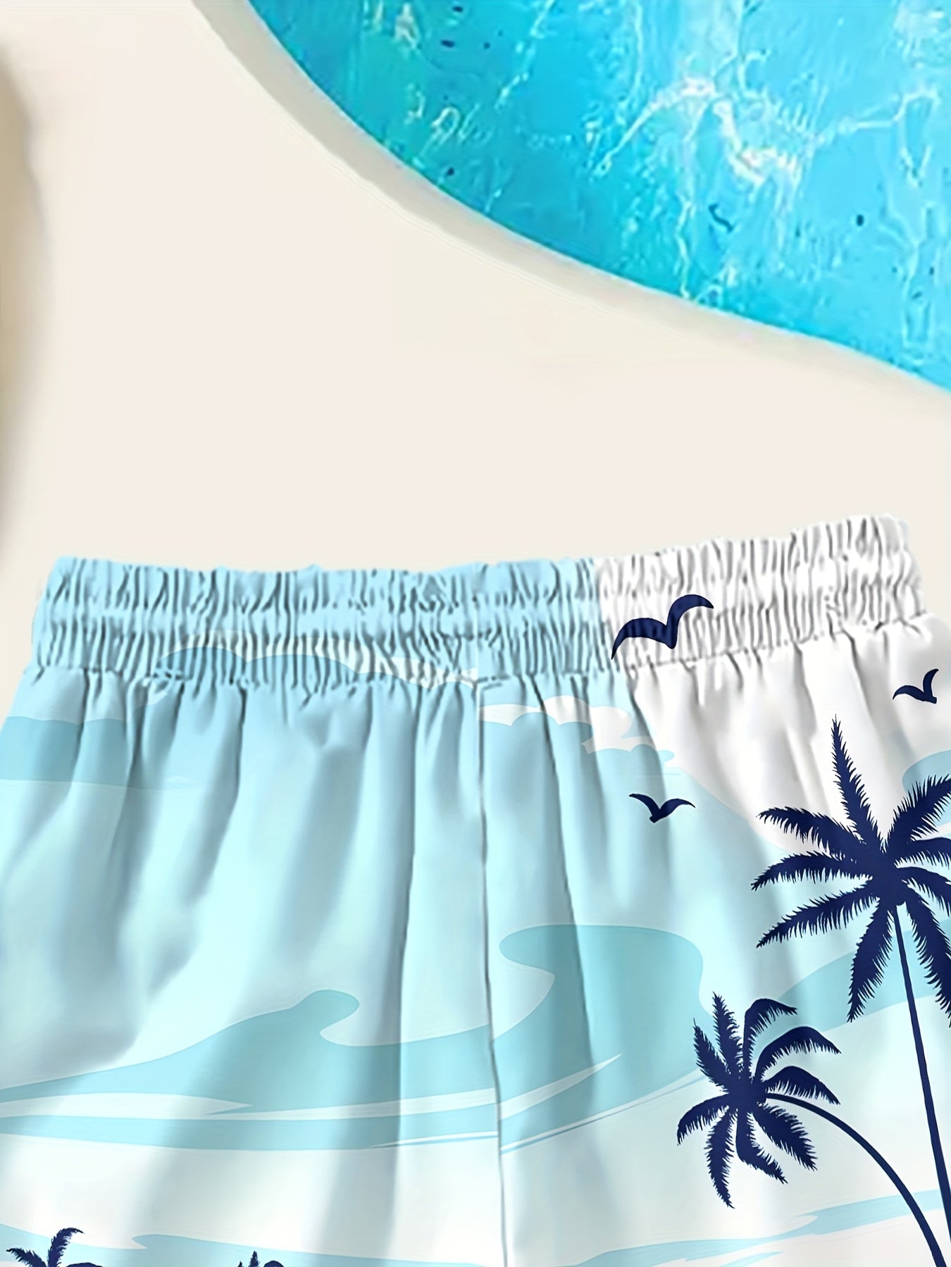 Boys' Tropical Beach Print Swim Shorts - Quick-Dry, Breathable Polyester with Elastic Waistband & Drawstring, Light Blue Palm Tree Design for Summer Fun & Surfing, Beach Shorts, Quickdry Fabric, for Outdoor