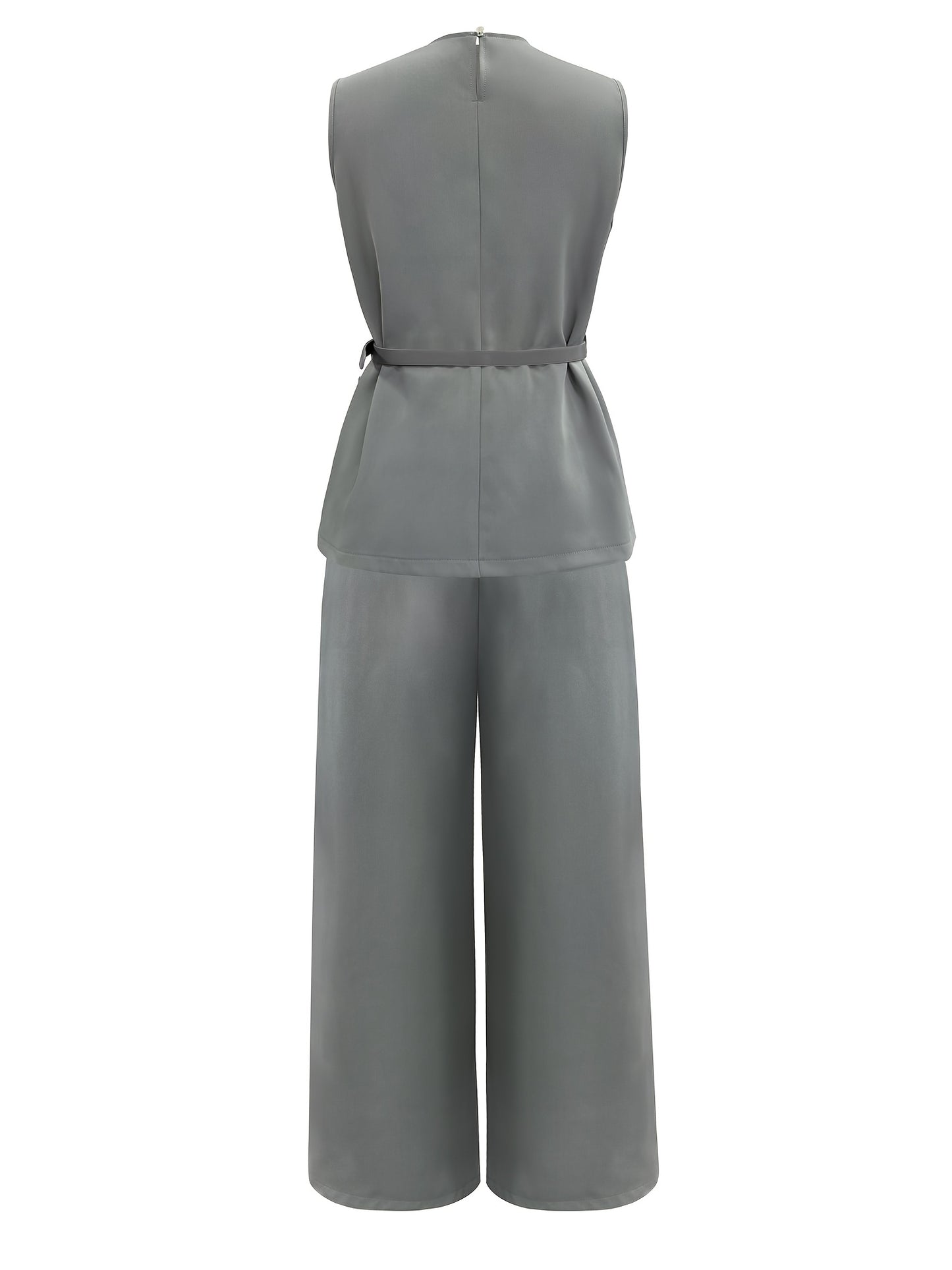 Urban Commute Casual Elegant Two-Piece Set with Unique Cross-Cut Sleeveless Belted Waist Design High-Waisted Wide-Leg Pants, Comfortable and Versatile for Various Occasions