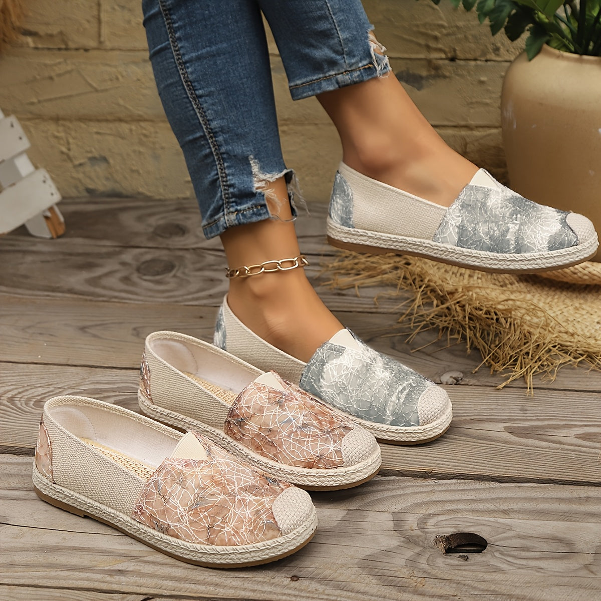 Women's Breathable Slip-On Loafers - Soft Sole Casual Walking Shoes, Lightweight & Comfortable, Beige Floral Pattern Fabric Upper, PU Cover Sole, Perfect for Casual Attire, Allseason Loafers | Slipon Comfort | Soft Sole Shoes
