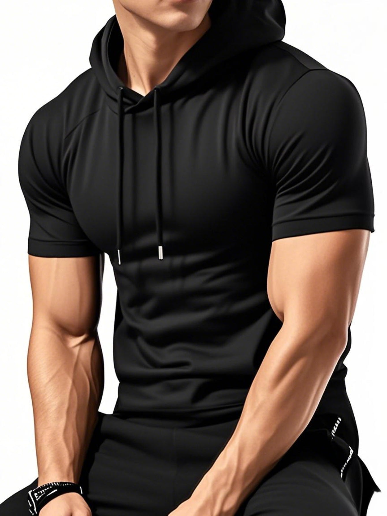 1pc Twisted Cool Men's Hooded Short Sleeve T-Shirt - Solid Black Casual Streetwear, Regular Fit, Hand Wash Only, Summer Essential for Everyday Comfort