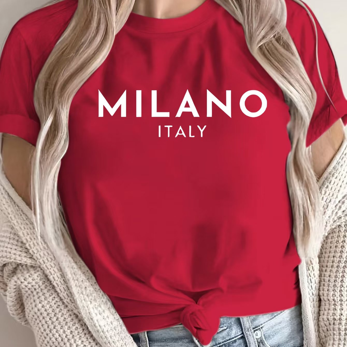 Women'S Casual Polyester T-Shirt with "Milano Italy" Letter Print, Short Sleeve Crew Neck Top, All-Season Knit Fabric Tee, Regular Length - 180gsm