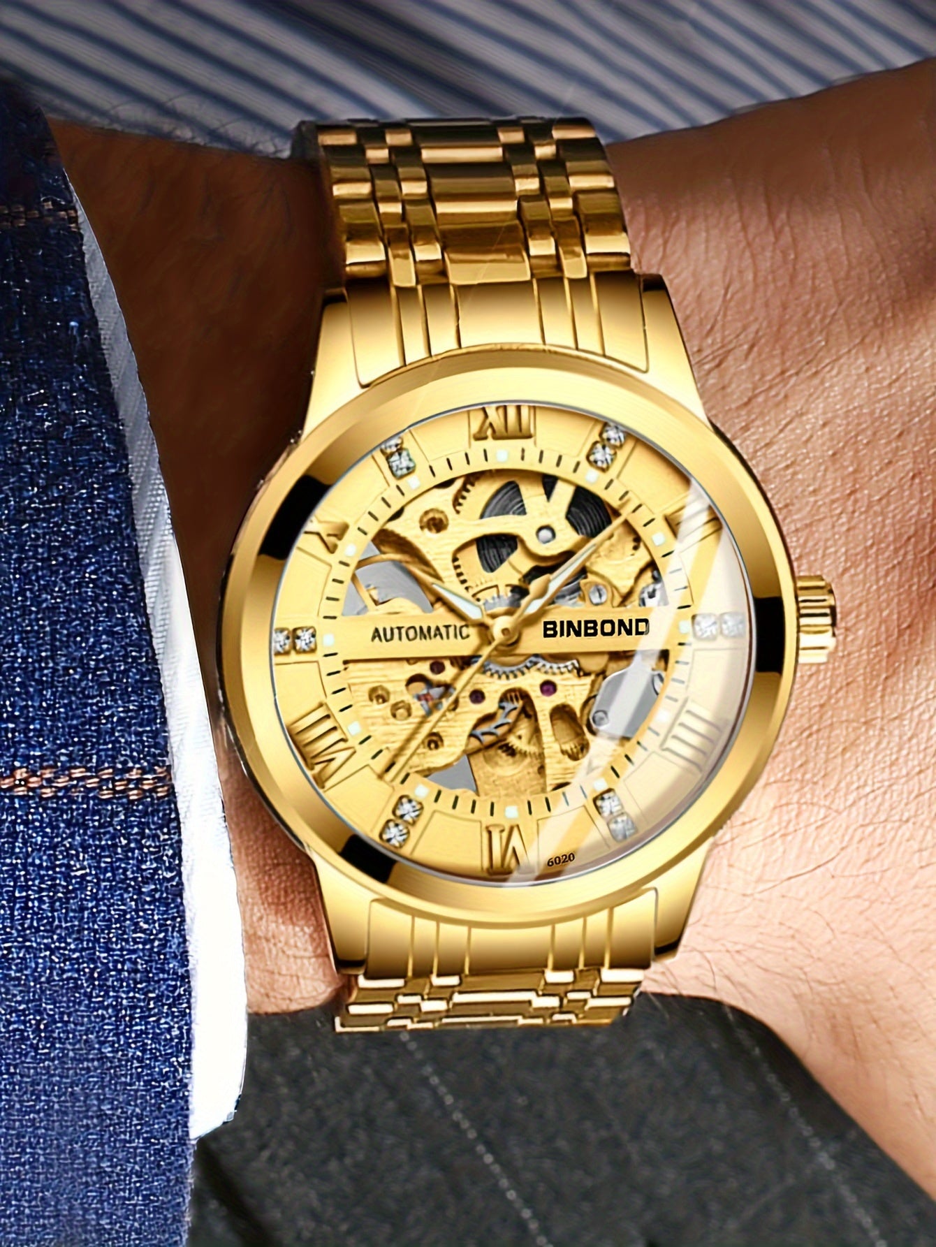 Stylish Men'S Fashion Casual Hollow Out Movement Mechanical Watch Waterproof Luminous Automatic Mechanical Watch, Without Battery