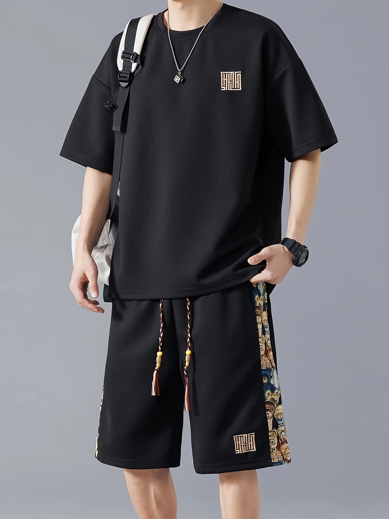 Men's Summer Casual Fashion Set: Embroidered Loose-Fit T-Shirt & Shorts - Breathable Polyester Blend, Non-Stretch Fabric, Pineapple, Sports Set