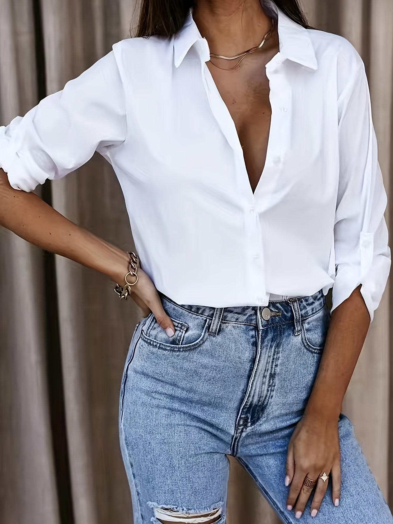Solid Rollable Sleeve Shirt, Casual Button Front Work Office Shirt With A Collar, Women's Clothing
