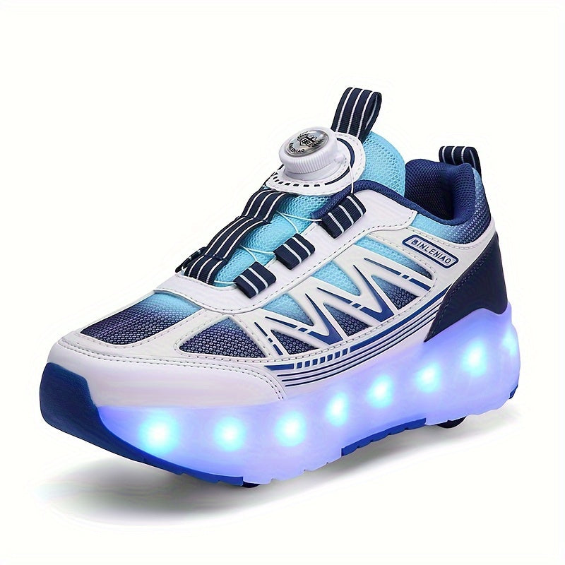 Youth Skate Shoes with LED Lights, Four-Wheel Detachable, Street Fashion, Trendy Style, Random Pattern, All-Season, Sports and Outdoor Scene, Roller Skating, Rotary Buckle Closure, Breathable and Adjustable Brightness, Upper,