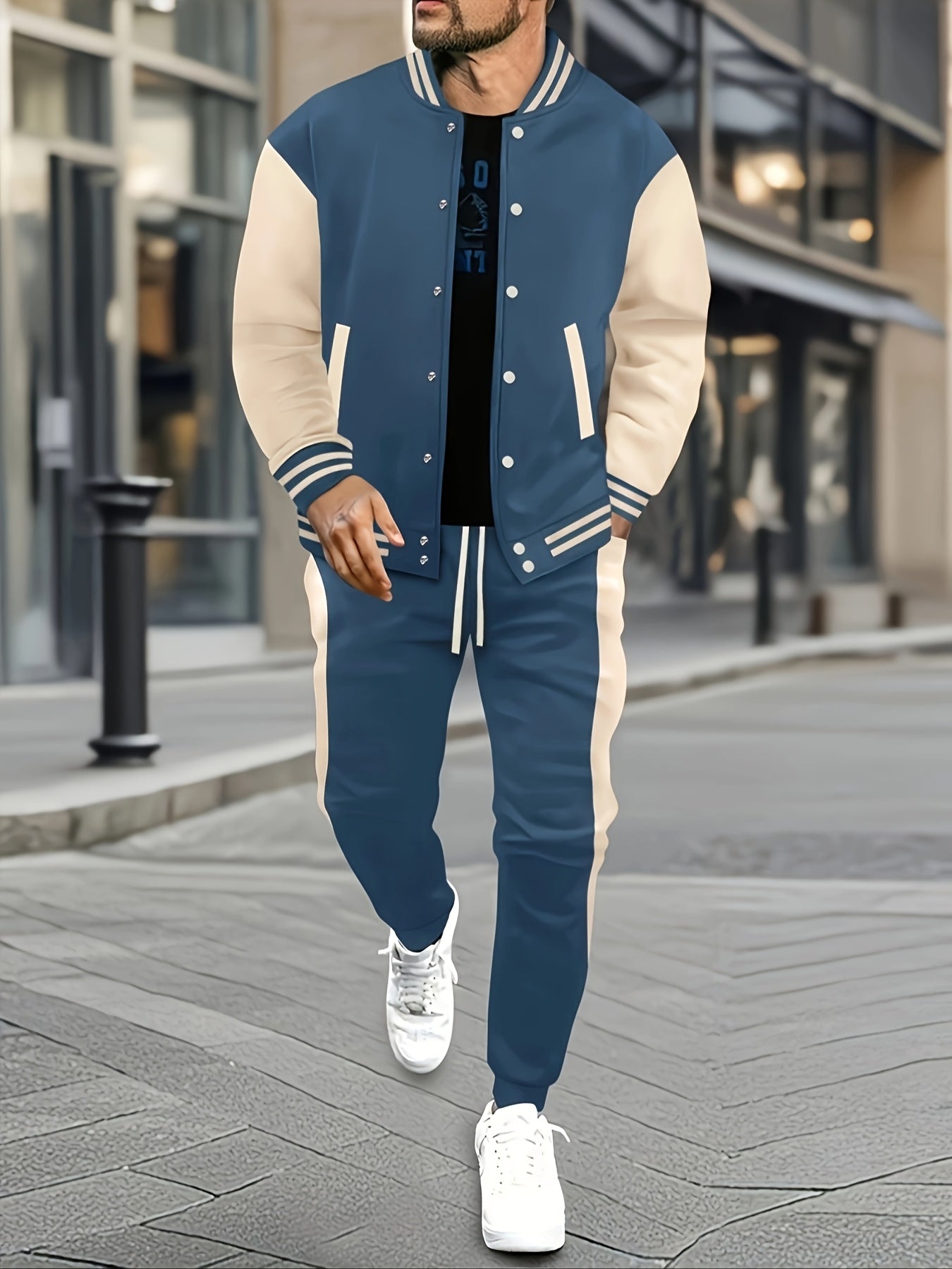Men's Casual Baseball Jacket & Pants Set - Color Block, Polyester, Button-Up with Belt Detail for Spring/Fall