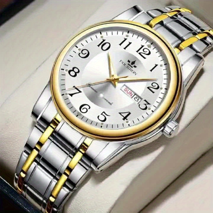FOURRON Men's Quartz Watch - Trendy and Fashionable Appearance Stainless Steel Band with Luminous & Date Display, Ideal Gift for Birthdays & Holidays, Sunday Calendar Display, Multifunctional Watch, Casual Fashion, Gift for R