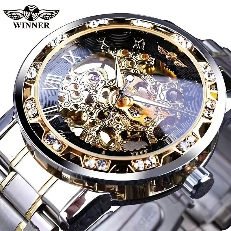Fashion Classic Roma Watch Men Luxury Golden Skeleton Mechanical Hand Watches Casual Business Wristwatches Men Blue & Golden Accents, Casual Yet Versatile, Best Seller, Ideal Gift, Mechanical Movement, Watch Accessories, With
