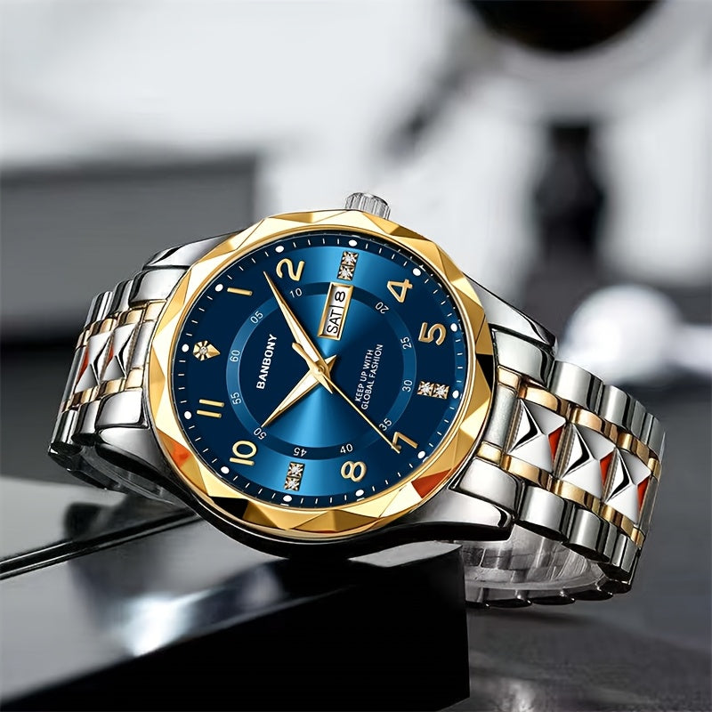 1 New BANBONY Brand Unisex Stainless Steel Quartz Watch with HD Scratch-Resistant Rhinestone-Embellished Simple Digital Round Dial, Luminous Display Date Calendar Battery-Powered Multifunctional Fully Automatic Wristwatch for