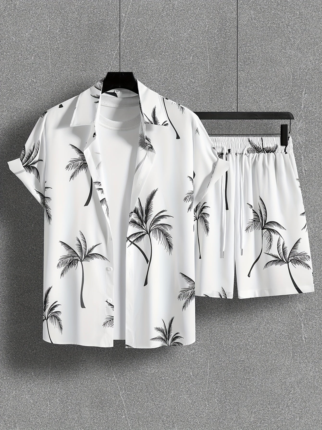 Coconut Tree Print, Men's 2Pcs Outfits, Casual Camp Collar Lapel Button Up Short Sleeve Shirts Hawaiian Shirt And Drawstring Shorts Set For Summer, Men's Clothing