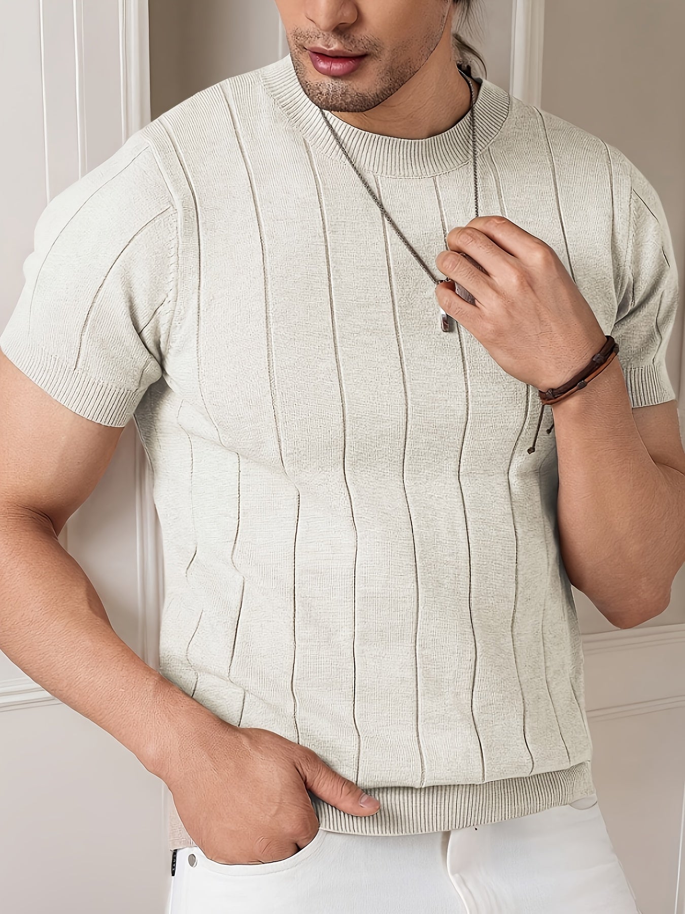 Men's Slim Fit Striped Textured Knit Crew Neck T-Shirt - High Elasticity Short Sleeve Casual Top for Spring/Autumn, Breathable Daily Leisurewear, Spring Fashion, Classic Style, Durable Construction, Pullover Shirt, Stylish Me