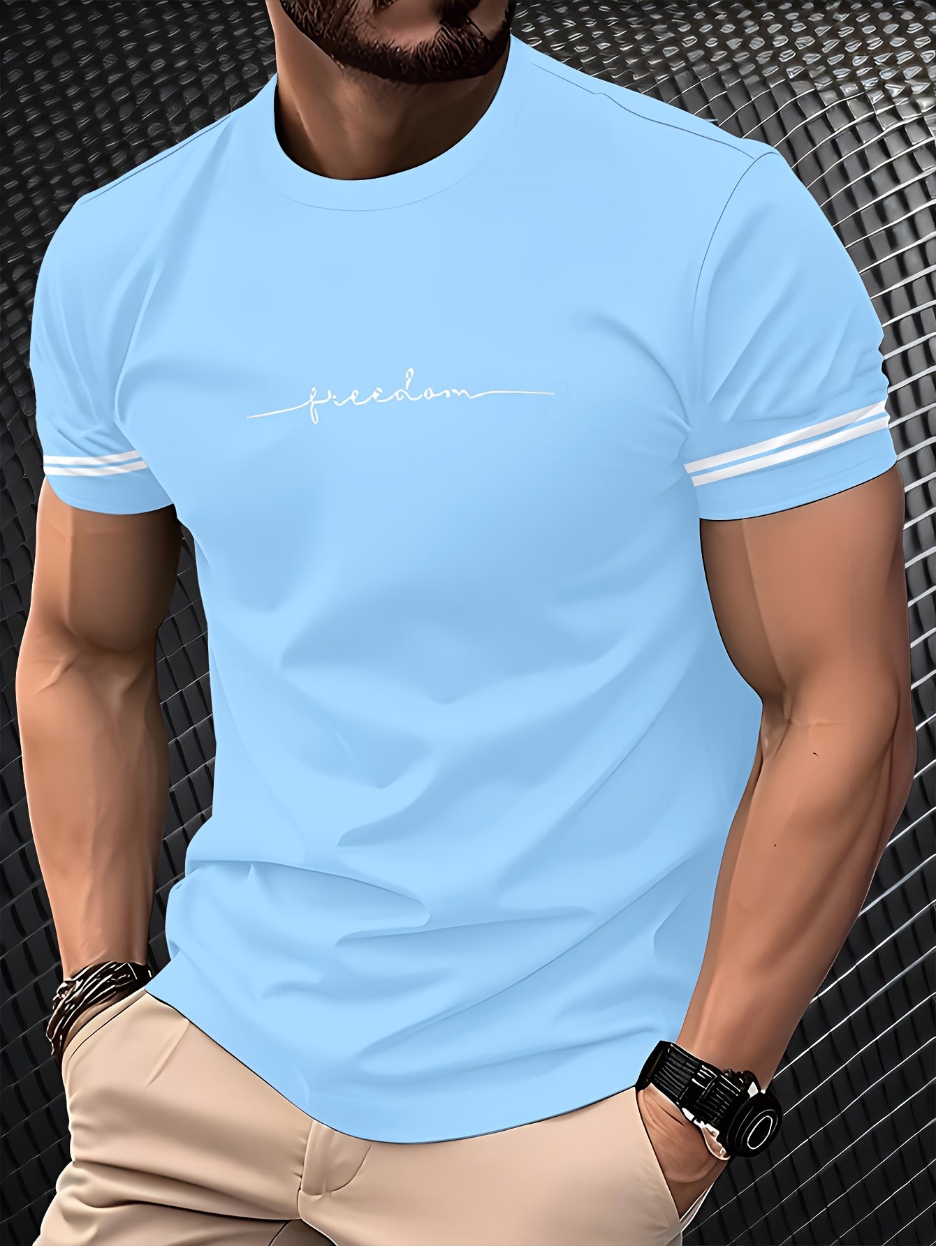 Men'S "Freedom" Graphic T-Shirt - Black Casual Crew Neck Tee with White Stripes, Breathable Polyester Blend, Regular Fit for Casual Attire, Everyday Tshirt | Bold Print Tee | Comfortable Fit, Knit