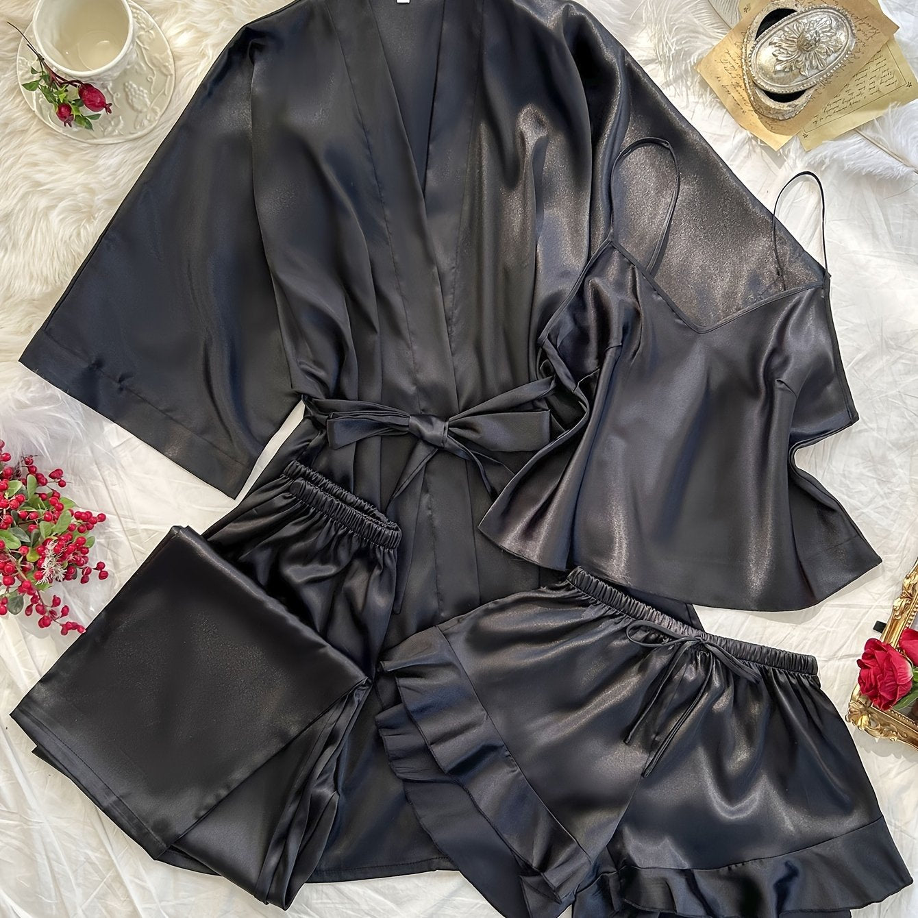 Women'S All-Season V-Neck Pajama Set - Comfortable, Sexy, Polyester 4pcs Sleepwear with Tie Waist And Drawstring Shorts, Perfect for Autumn And Winter, Autumn Winter Sleepwear | Stylish Sleepwear | Polyester Fabric