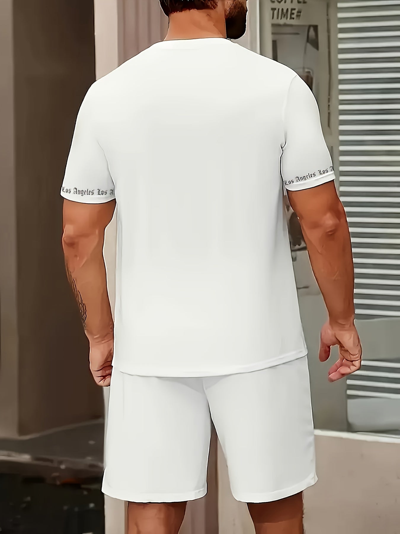 Men'S Los Angeles Graphic Print Casual Sportswear Set - Breathable Summer Short Sleeve T-Shirt & Drawstring Shorts with Pockets, Regular Fit, Crew Neck, Comfortable & Stylish for Casual Attire, Leisure Clothing | Trendy Sport