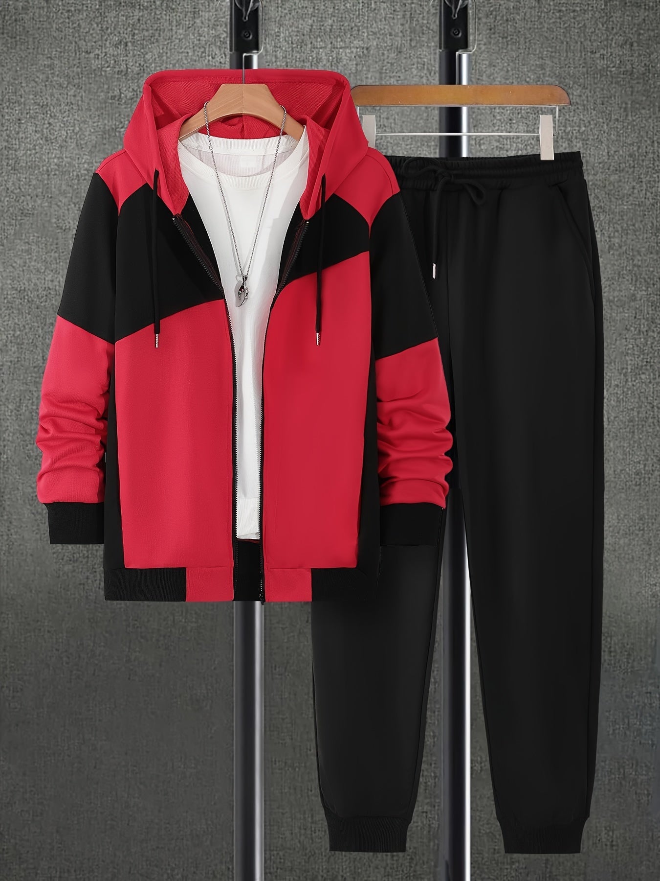Men's Autumn Color-Blocked Zip-Up Hoodie with Side Pockets And Solid Color Drawstring Long Pants Set.