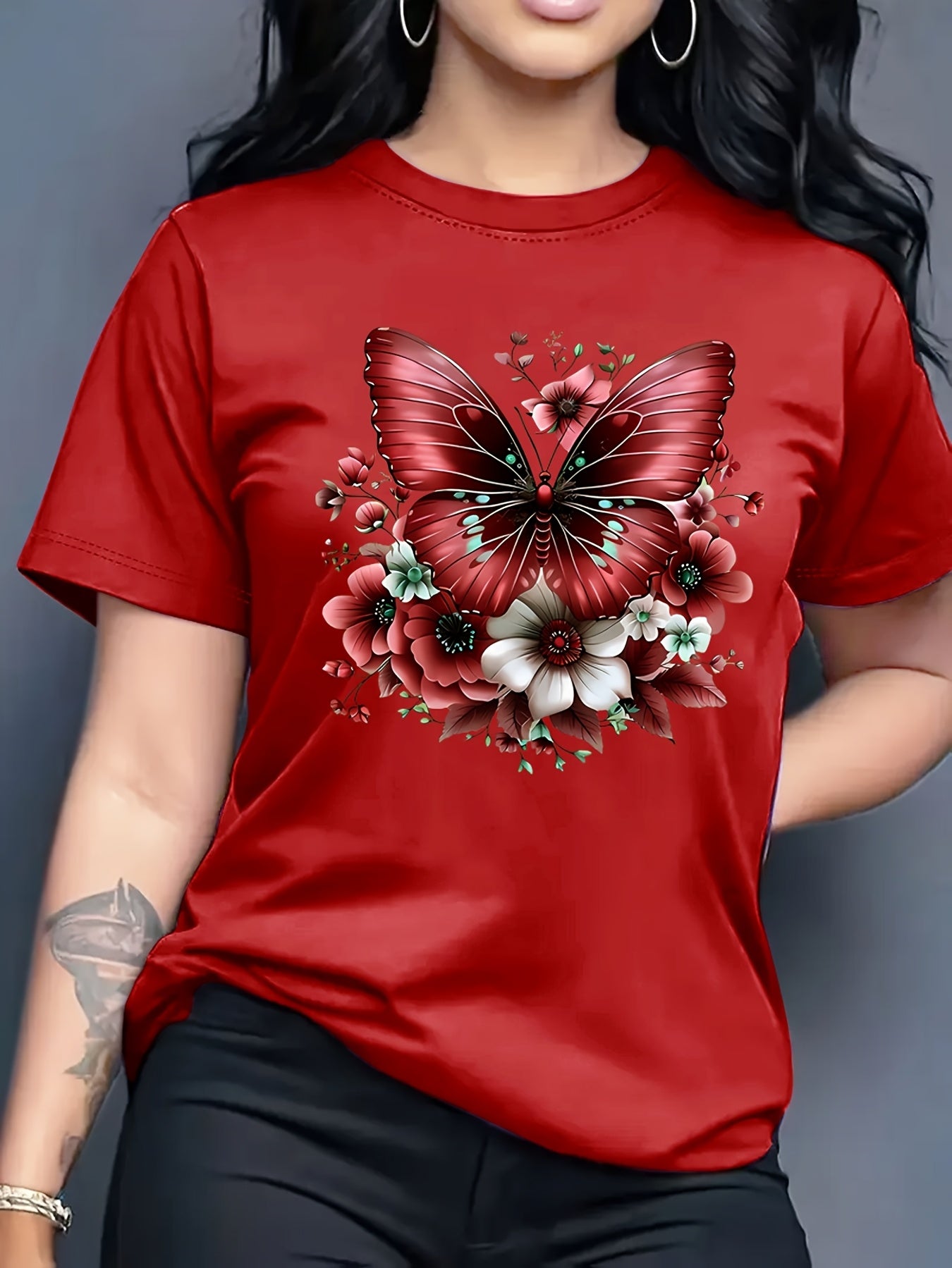 Women'S Floral Butterfly Print T-Shirt, Short Sleeve Crew Neck Casual Top for Spring & Summer, Vibrant Green with White & Blue Flowers, Perfect Birthday or Holiday Gift, Everyday Fashion | Vibrant Casual Top | Glossy Texture