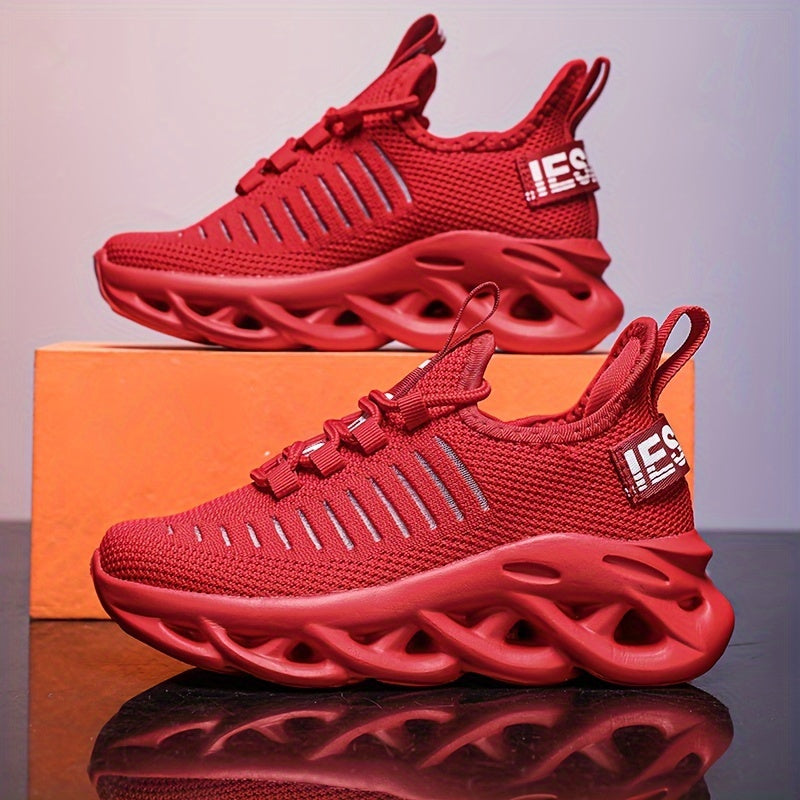 Youngsters' Breathable Knit Sneakers - Lightweight Running Sneakers with Striped Design, EVA Sole & Lace-Up Closure for Boys & Girls | All-Season Outdoor Sports & Casual Wear (Red), Big Kid Shoes, Everyday Youngsters's Footwe
